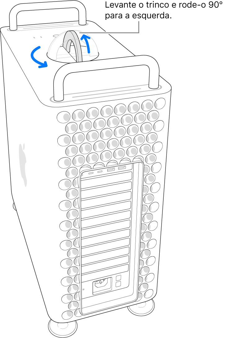 A mostrar o primeiro passo para remover a estrutura do computador levantando o trinco e rodando-o 90 graus.