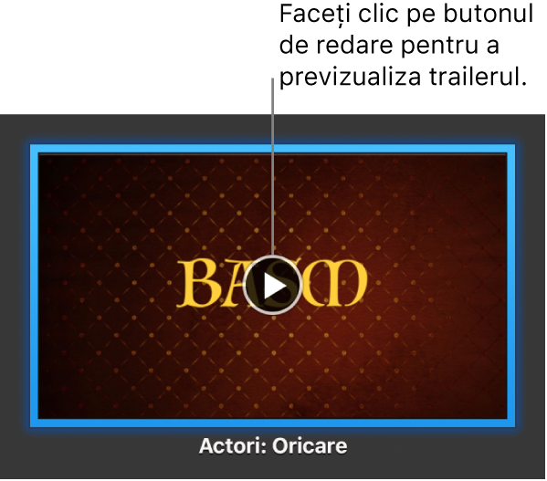 Ecranul trailer iMovie afișând butonul de redare.