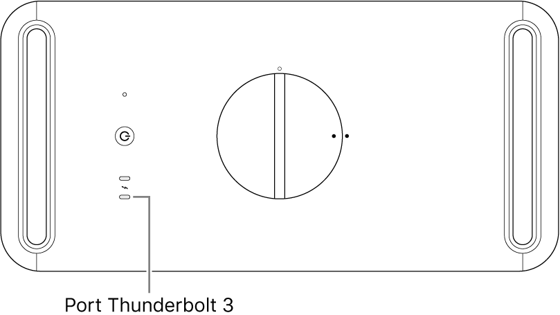 Partea de sus a Mac Pro-ului, indicând portul Thunderbolt 3 corect pentru utilizare.