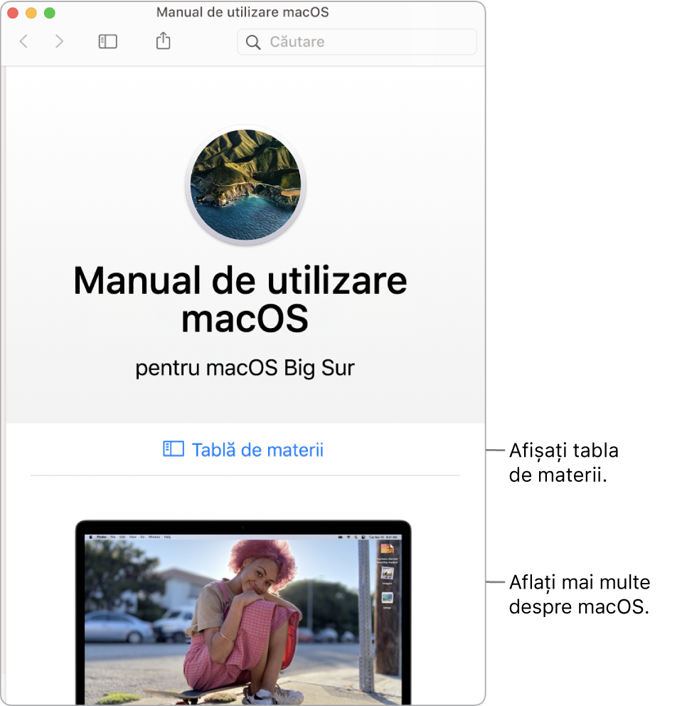 Pagina de bun venit a Manualului de utilizare macOS afișând linkul Tablă de materii.