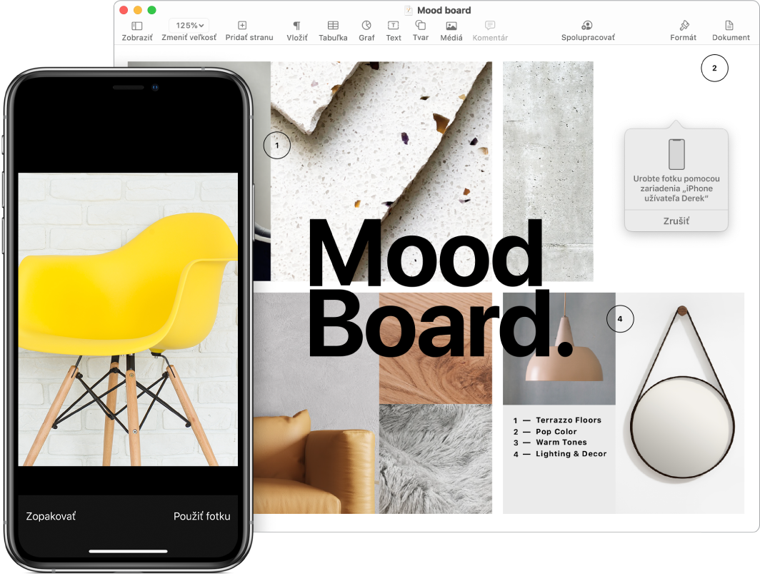 iPhone s fotkou a obrazovka Macu, na ktorej sa zobrazuje dokument Pages a v ňom rámček, do ktorého bude fotka umiestnená.