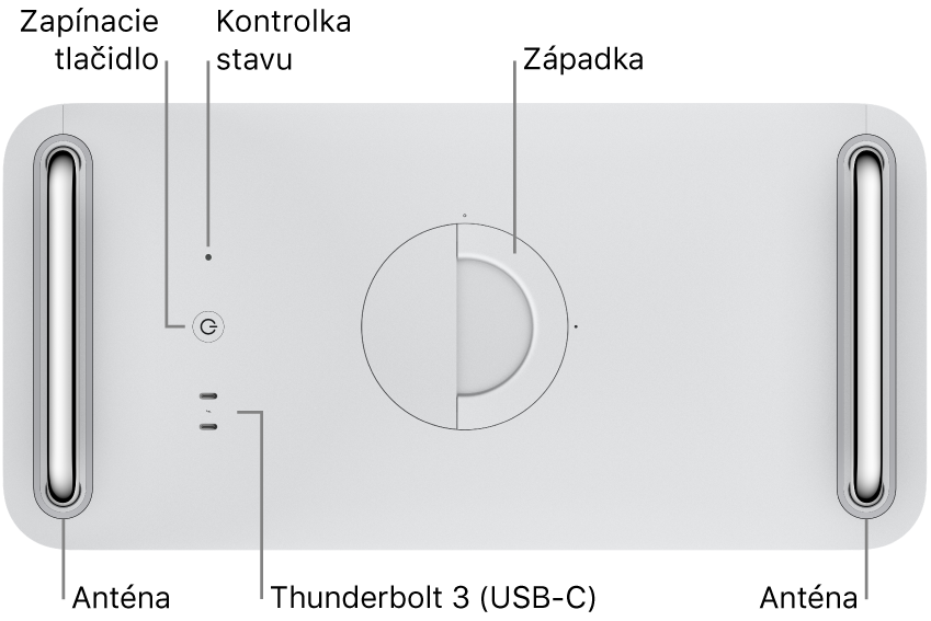 Vrchná strana Macu Pro so zapínacím tlačidlom, svetelným indikátorom systému, západkou, anténou a dvomi Thunderbolt 3 (USB-C) portami.