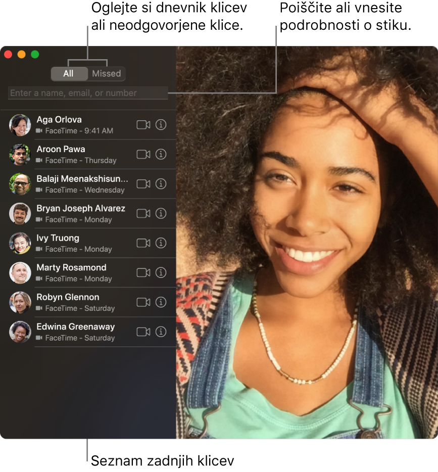 Okno aplikacije FaceTime, ki prikazuje, kako opravite video ali zvočni klic, uporabljate iskalno polje ali iščete kontaktne podatke in si ogledate seznam zadnjih klicev.
