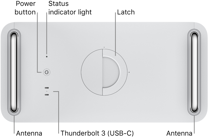 Zgornji del računalnika Mac Pro s prikazom napajalnega gumba, indikatorske lučke sistema, zapaha, antene in dveh vhodov Thunderbolt 3 (USB-C).