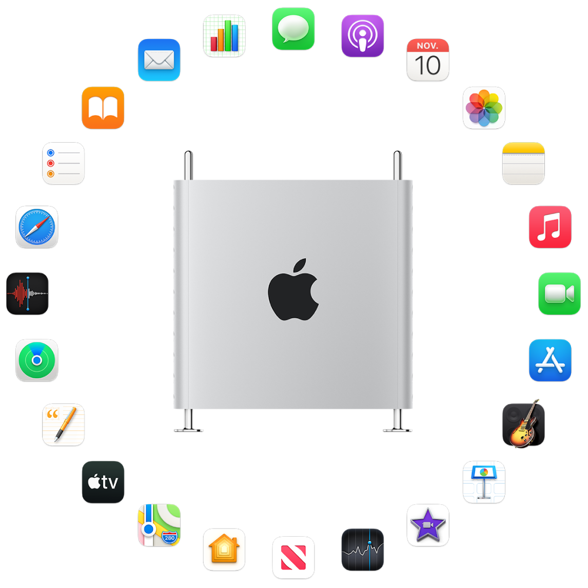 En Mac Pro omgiven av symbolerna för de appar som är inbyggda och beskrivs i avsnitten som följer.