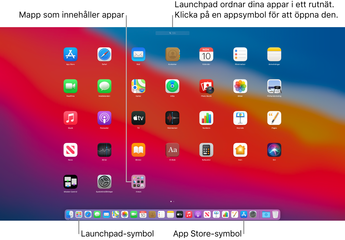 En Mac-skärm med Launchpad öppet som visar en mapp med appar i Launchpad och symbolerna för Launchpad och App Store i Dock.