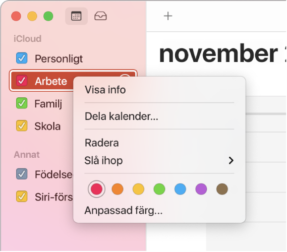 Kontextmeny för Kalender med alternativ för att anpassa en kalenders färg.