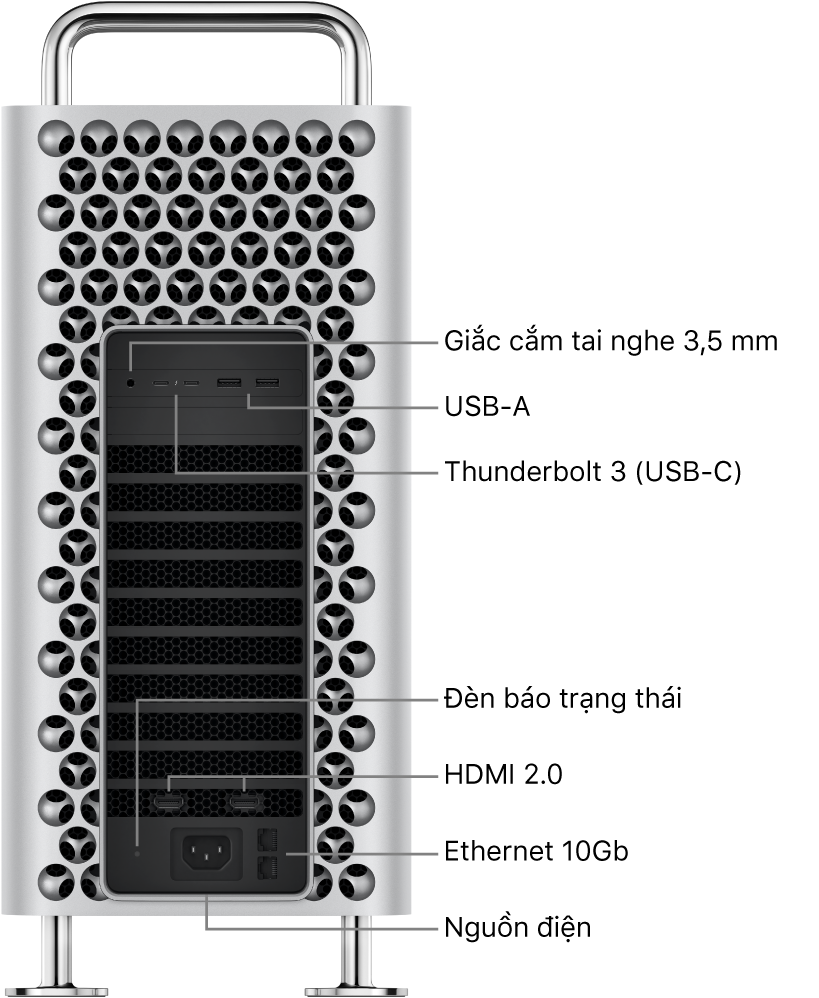 Một hình ảnh mặt bên của Mac Pro đang hiển thị giắc cắm tai nghe 3,5 mm, hai cổng USB-A, hai cổng Thunderbolt 3 (USB-C), một đèn báo trạng thái, hai cổng HDMI 2.0, hai cổng 10 Gigabit Ethernet và cổng Nguồn.