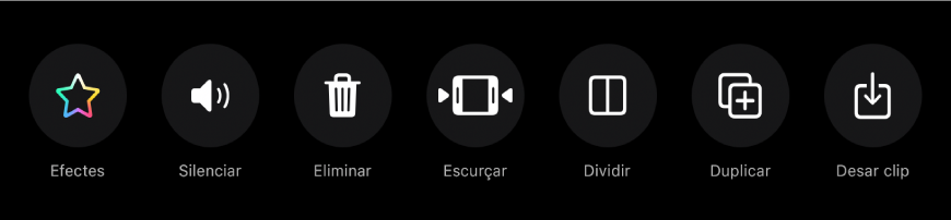 Botons que apareixen a sota del visor quan se selecciona un clip. D’esquerra a dreta, els botons són Efectes, Silenciar, Eliminar, Escurçar, Dividir, Duplicar i “Desar clip”.