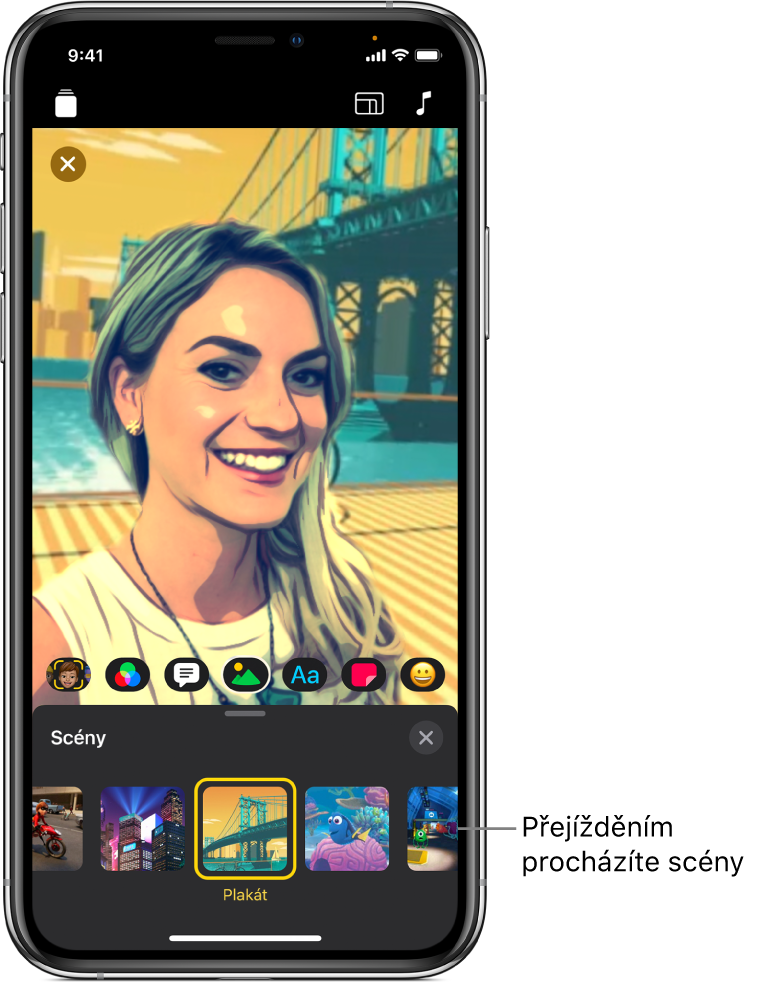 Selfie scéna v prohlížeči; dole volby filtru