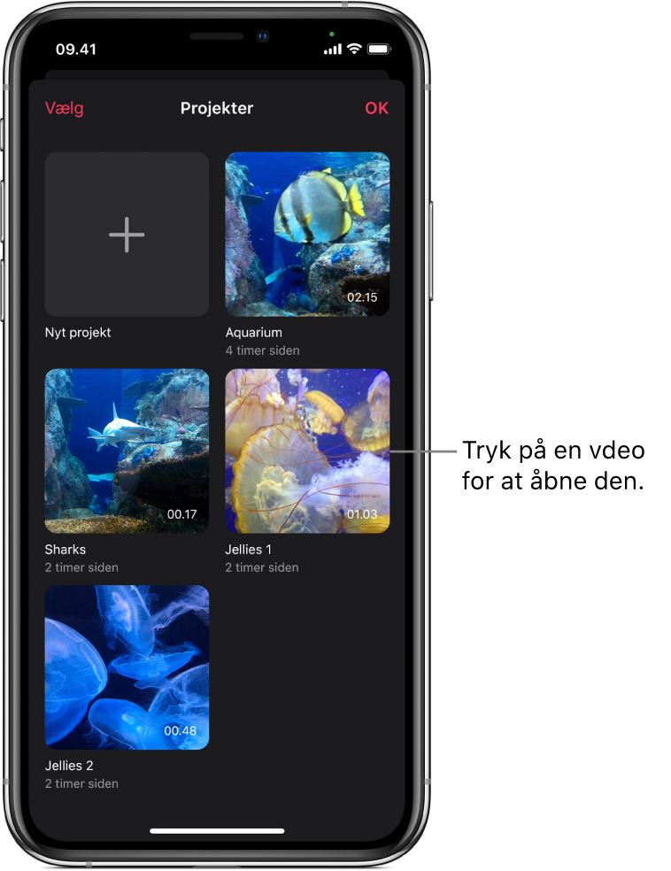Skærmen Projekter viser knappen Nyt projekt og miniaturer til eksisterende videoer.