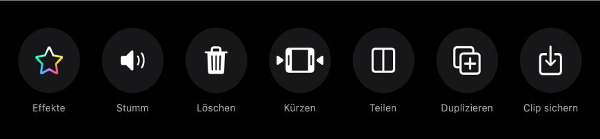 Tasten, die unter dem Viewer angezeigt werden, wenn ein Clip ausgewählt ist. Die Tasten heißen (von links nach rechts): Effekte, Stumm, Löschen, Kürzen, Teilen, Duplizieren und Clip sichern.
