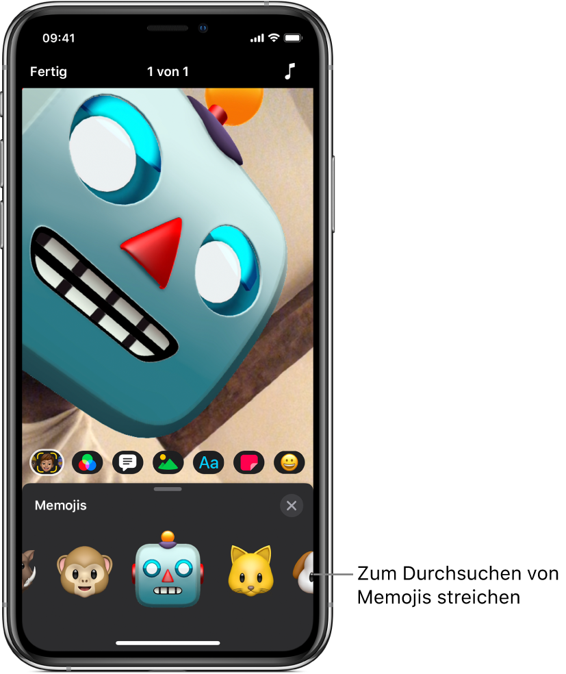 Ein Roboter-Memoji im Viewer mit der unten angezeigten, ausgewählten Taste „Memojis“ sowie den Memoji-Charakteren.