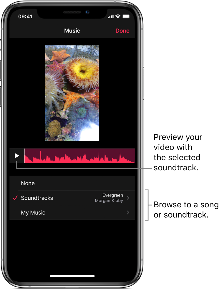 A Play button and an audio waveform below an image in the viewer, with options for browsing soundtracks or your music library.