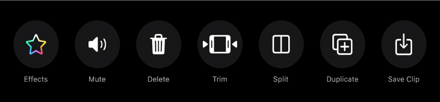 Buttons that appear below the viewer when a clip is selected. From left to right, the buttons are Effects, Mute, Delete, Trim, Split, Duplicate and Save Clip.