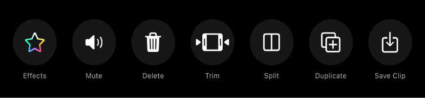 Buttons that appear below the viewer when a clip is selected. From left to right, the buttons are Effects, Mute, Delete, Trim, Split, Duplicate, and Save Clip.