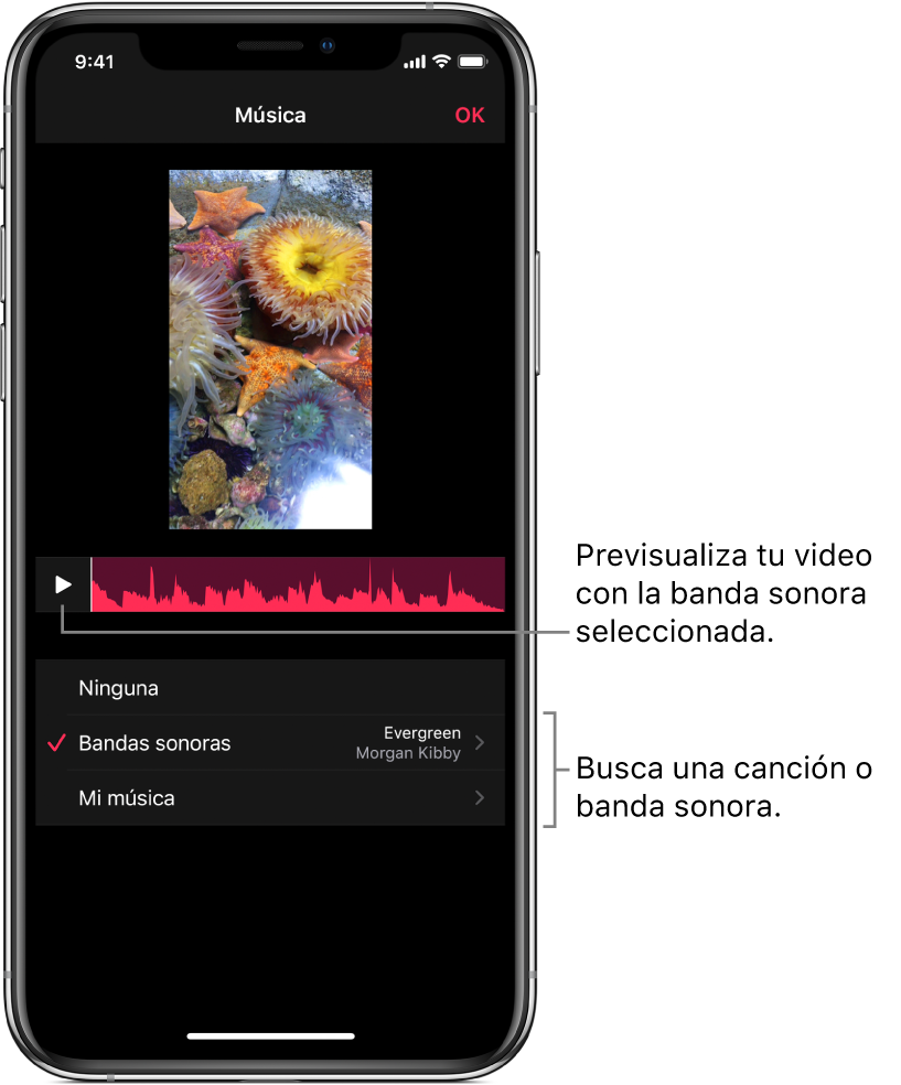 Debajo de una imagen en el visor está el botón Reproducir y una onda de audio con opciones para explorar bandas sonoras o tu biblioteca musical.