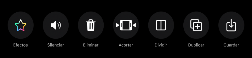 Botones que aparecen debajo del visor cuando se selecciona un clip. De izquierda a derecha, los botones son Efectos, Silenciar, Eliminar, Acortar, Dividir, Duplicar y “Guardar clip”.