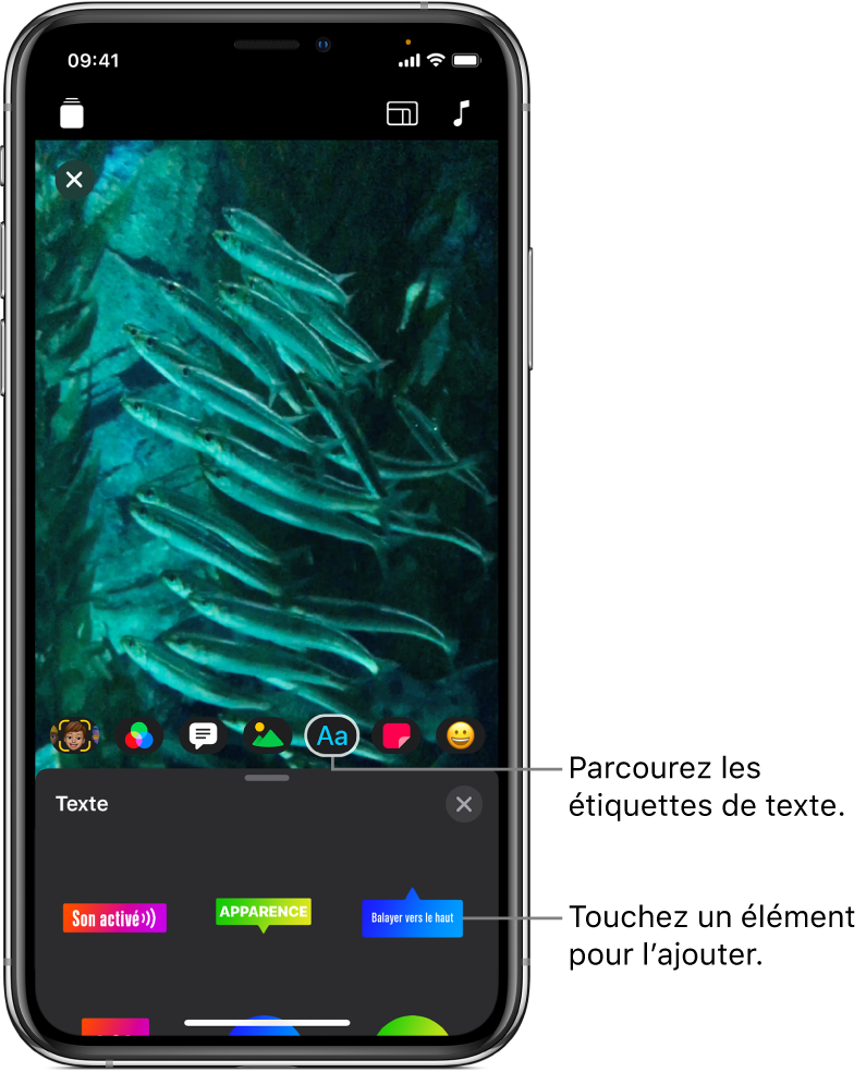 Image d’une vidéo dans le visualiseur, avec le bouton Texte sélectionné et des options d’étiquettes de texte en dessous.