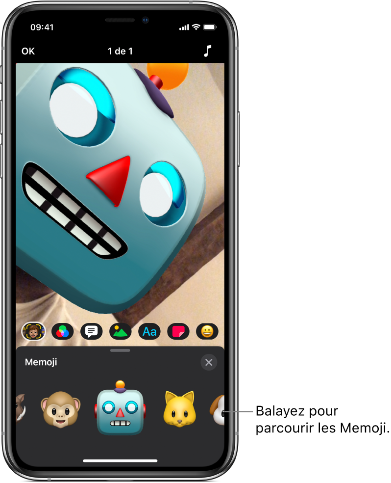 Le Memoji d’un robot dans le visualiseur, avec le bouton Memoji sélectionné et des personnages Memoji en dessous.