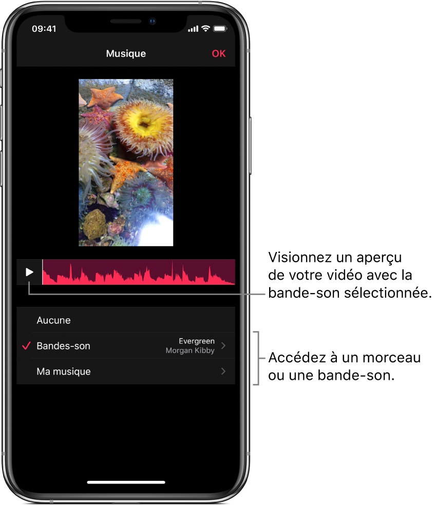 Bouton de lecture avec une forme d’onde audio sous une image dans le visualiseur, avec des options pour parcourir les bandes-son ou la bibliothèque musicale.