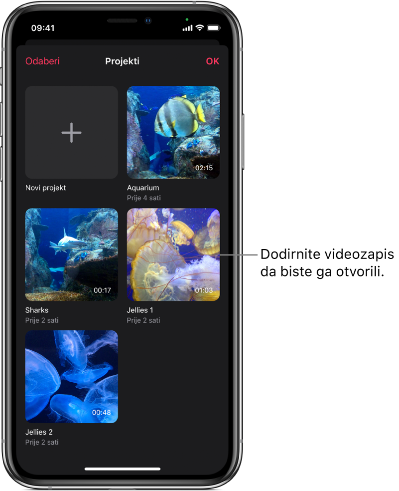 Zaslon Projekti s tipkom Novi projekt i minijaturama za postojeće videozapise.