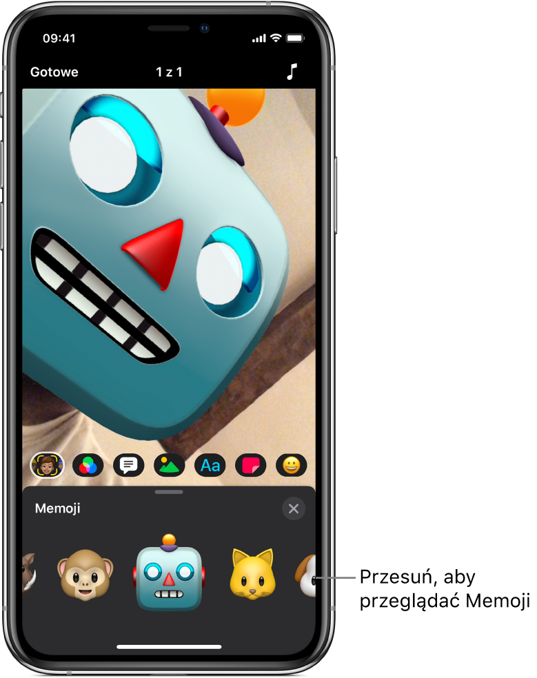 Robot Memoji w polu podglądu, zaznaczony jest przycisk Memoji oraz poniżej widoczne są postaci Memoji.