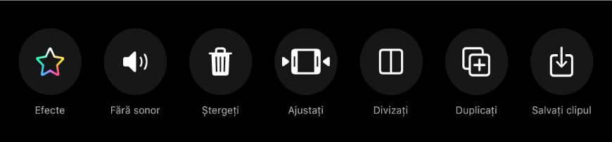 Butoanele care apar sub vizualizor când este selectat un clip. De la stânga la dreapta, butoanele sunt: Efecte, Tăiați sonorul, Ștergeți, Ajustați, Divizați, Duplicați și Salvați clipul.
