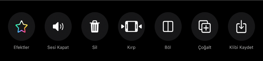 Klip seçildiğinde görüntüleyicinin altında görünen düğmeler. Soldan sağa düğmeler şu şekildedir: Efektler, Sesi Kapat, Sil, Kısalt, Böl, Çoğalt ve Klibi Kaydet.