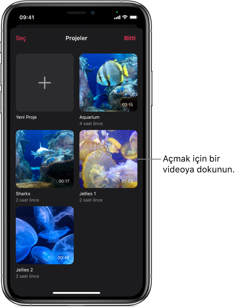 Yeni Proje düğmesini ve var olan videoların küçük resimlerini gösteren Projeler ekranı.