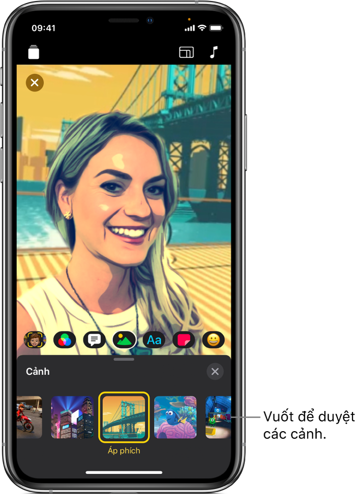 Một Cảnh selfie trong trình xem, với tùy chọn cảnh ở bên dưới.