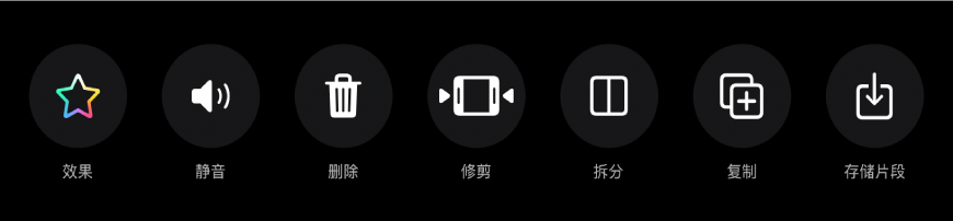 选择片段后，出现在检视器下方的按钮。按钮从左到右依次为“效果”、“静音”、“删除”、“修剪”、“拆分”、“复制”和“存储片段”。