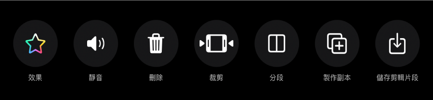 選擇剪輯片段後，顯示在檢視器下方的按鈕。由左至右，按鈕分別是「效果」、「靜音」、「刪除」、「裁剪」、「分段」、「製作副本」和「儲存剪輯片段」。