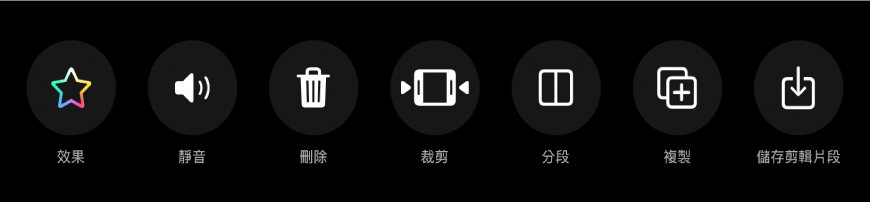 選取剪輯片段時顯示在檢視器下方的按鈕。按鈕由左至右為：「效果」、「靜音」、「刪除」、「裁剪」、「分段」、「複製」和「儲存剪輯片段」。