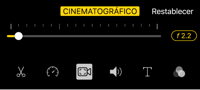 El regulador “Profundidad de campo”, disponible al tocar el botón Cinematográfico.