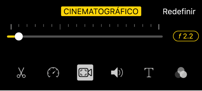 O controle deslizante de Profundidade de Campo, disponível ao tocar no botão Cinematográfico.