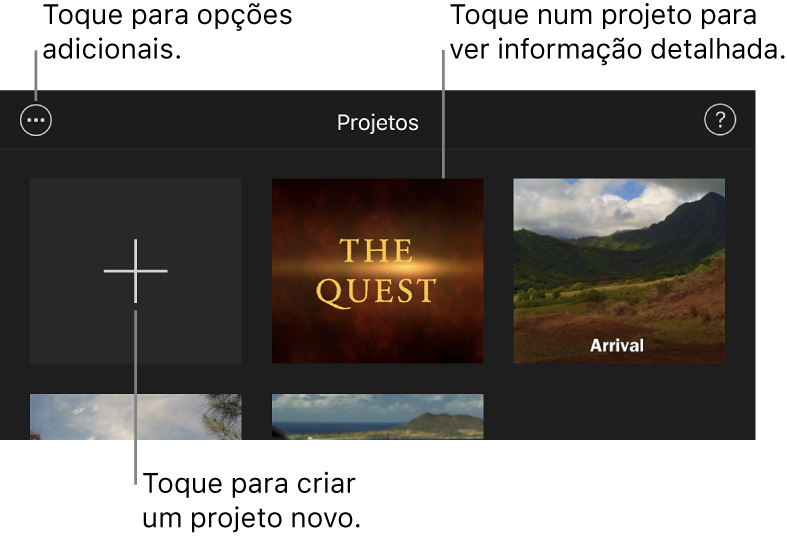 Projetos no navegador de projetos com os botões Criar e “Mais opções” na parte superior esquerda.