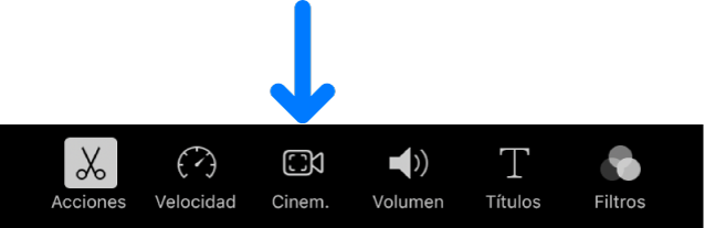 El botón Cinematográfico se muestra en los controles de edición en la parte inferior de la pantalla cuando agregas un clip cinematográfico.