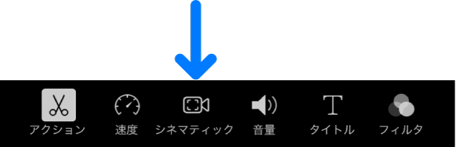 シネマティック・クリップを追加したときに、画面下部の編集コントロールに表示される「シネマティック」ボタン。