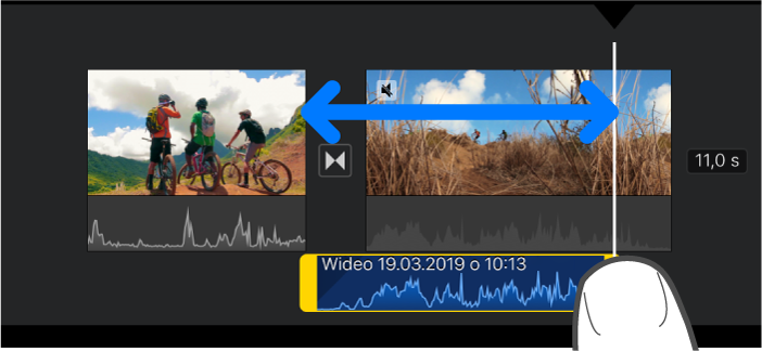 Przycinanie klipu audio na linii czasowej projektu.