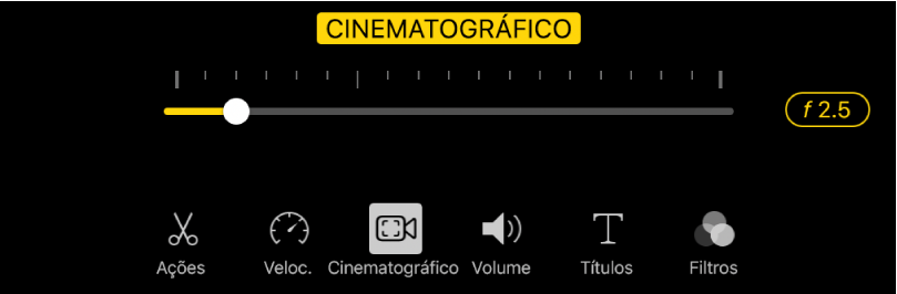 O controle deslizante de Profundidade de Campo, disponível ao tocar no botão Cinematográfico.