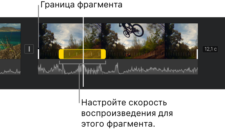 Видеоклип на временной шкале. Желтыми метками-манипуляторами отмечен диапазон скорости, белыми линиями на видеоклипе отмечены границы фрагмента.