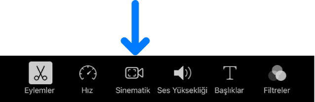 Sinematik bir klip eklediğinizde ekranın en altındaki düzenleme denetimlerinde görünen Sinematik düğmesi.