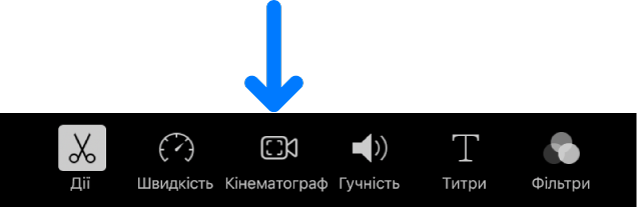 Кнопка «Кінематограф», що з’являється в елементах керування редагуванням унизу екрана під час додавання кліпу, записаного в кінематографічному режимі.