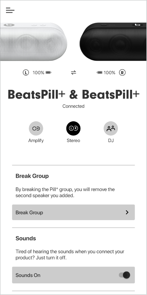 Obrazovka aplikace Beats v režimu Stereo