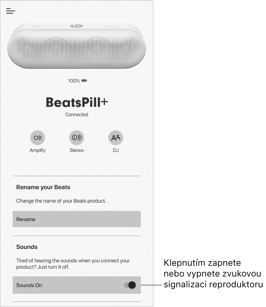 Ovládací prvek „Zvuky“ na obrazovce zařízení v aplikaci Beats
