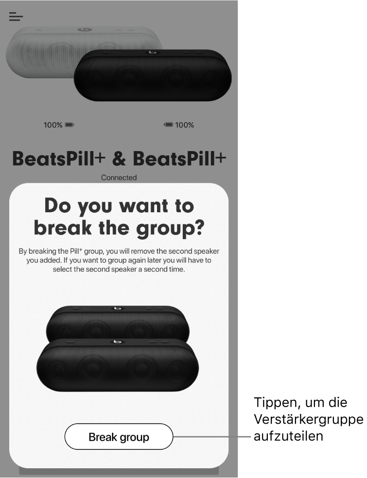 Beats-App mit der Karte „Gruppe trennen“