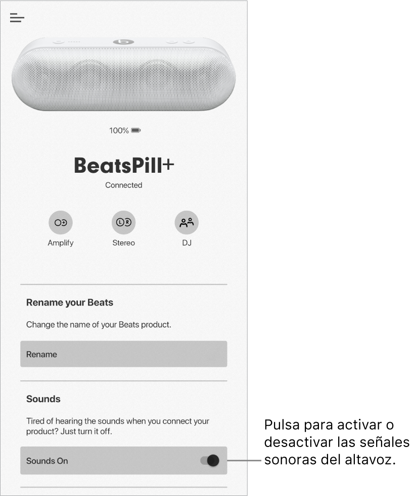 El control Sonido de la pantalla de dispositivo de la app Beats