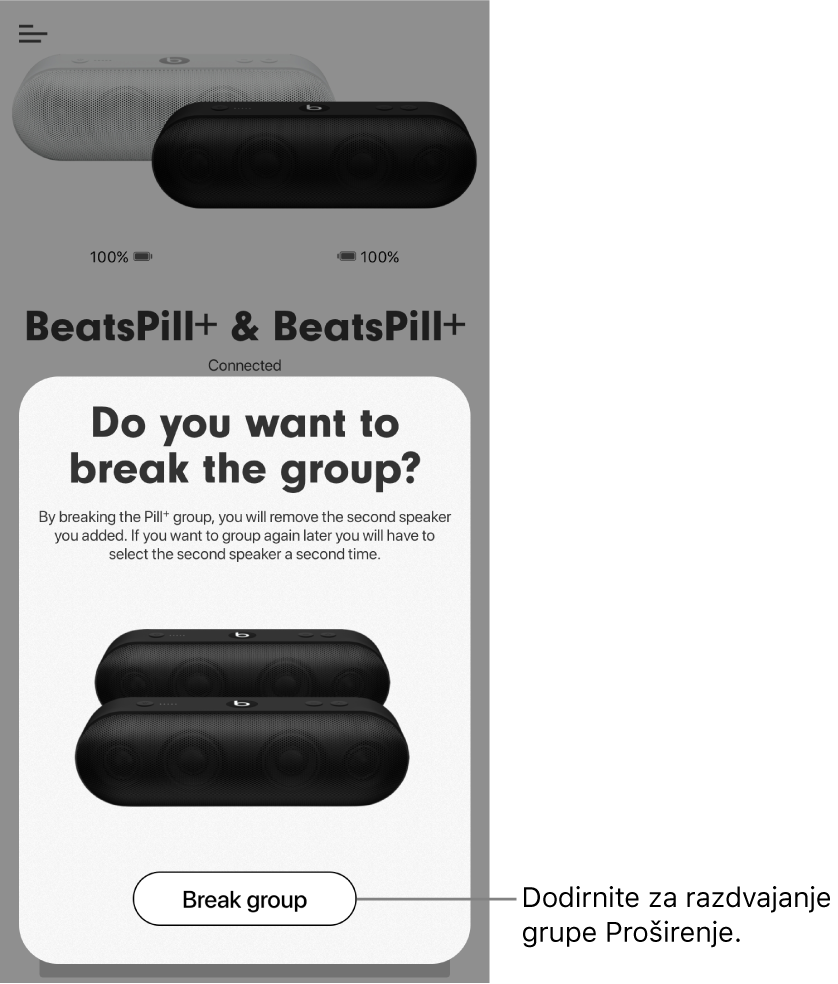 Aplikacija Beats prikazuje karticu Razdvoji grupu