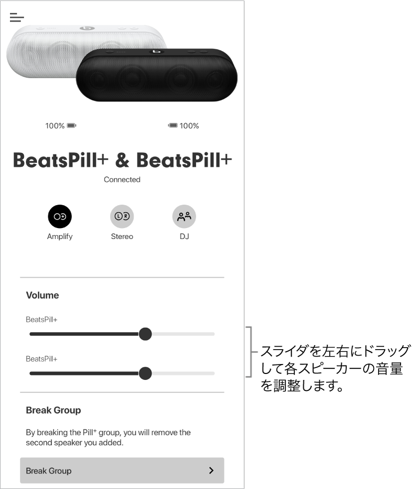 2台のスピーカーの音量コントロールが表示されている増幅モードのBeats App画面